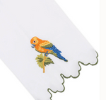 Haute Home Parrot Coaster & Bath Collection white Italian linen guest towel featuring a scalloped green edge and an embroidered parrot on a branch.