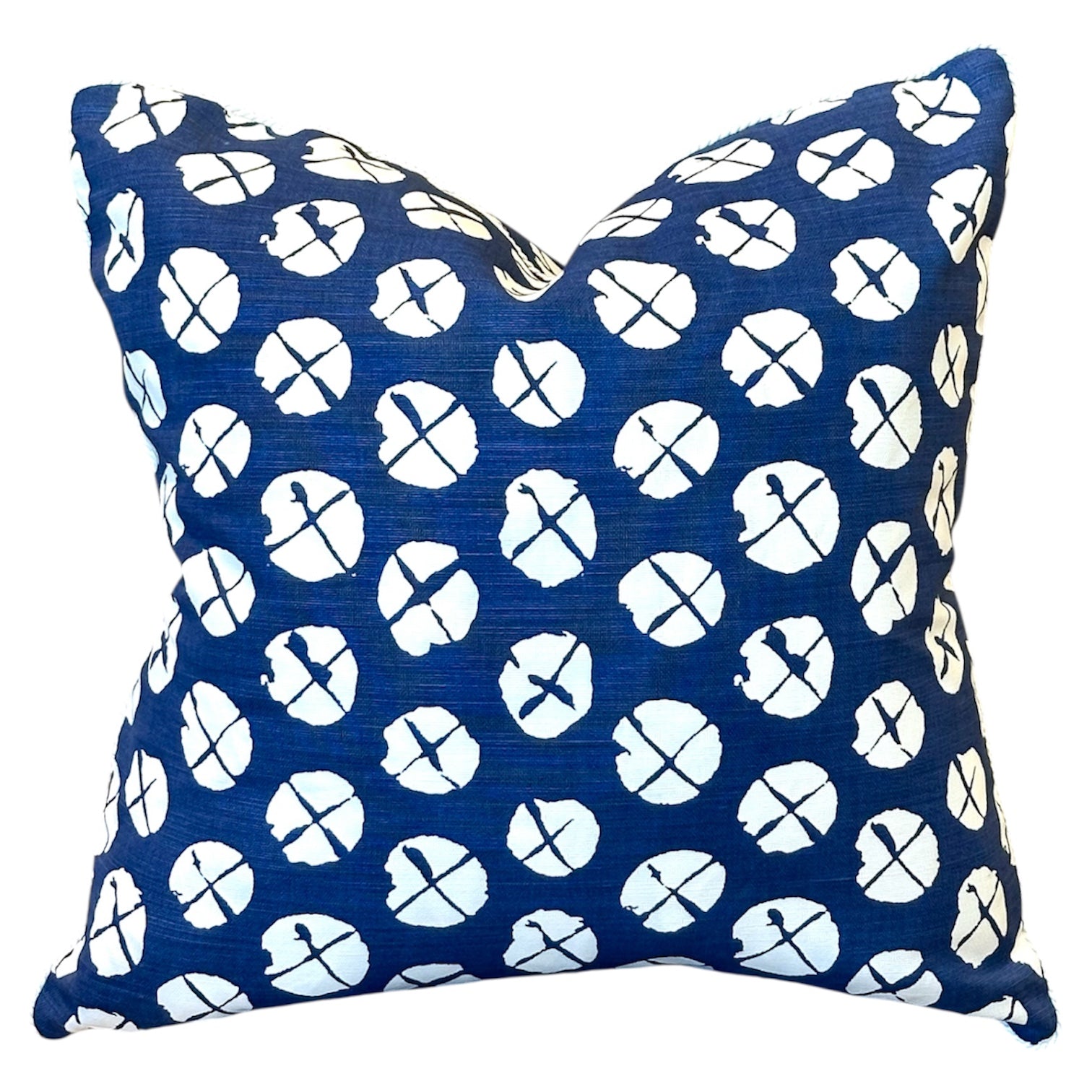 The Obi II Reverse Pillow by Associated Design features a dark blue background with irregular white circles and abstract dark blue lines. Expertly crafted, this square throw pillow adds luxurious elegance to any space.