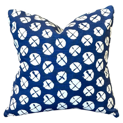 The Obi II Reverse Pillow by Associated Design features a dark blue background with irregular white circles and abstract dark blue lines. Expertly crafted, this square throw pillow adds luxurious elegance to any space.