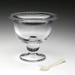 The William Yeoward Crystal Katerina Crystal Caviar Server with Spoon features a clear glass bowl and small white spoon. Perfect for serving caviar. Proposition 65 warning may apply.