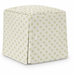 The Dolly Flower Ottoman by Lee Industries is a square upholstered ottoman with a tailored slipcover in a small green floral pattern on light fabric, perfect as an accent table or footrest, shown against a white backdrop.