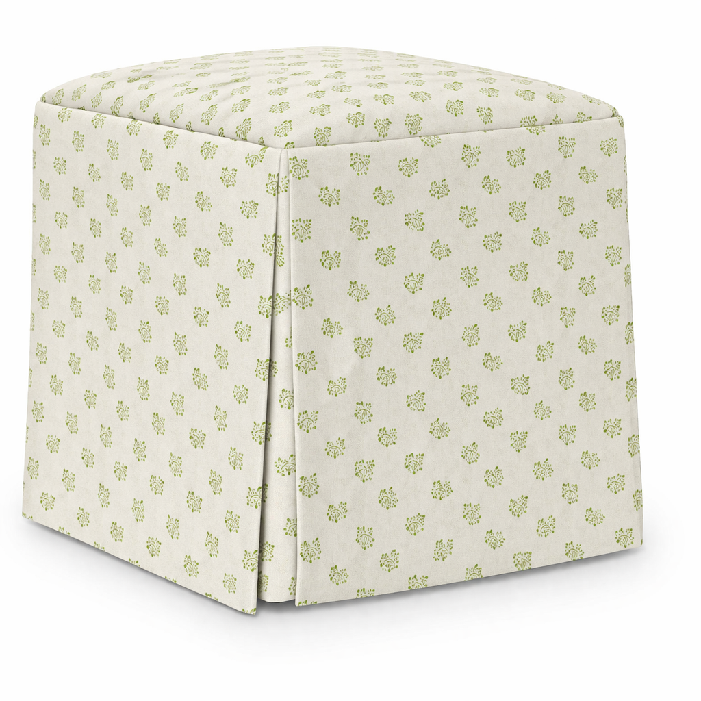 The Dolly Flower Ottoman by Lee Industries is a square upholstered ottoman with a tailored slipcover in a small green floral pattern on light fabric, perfect as an accent table or footrest, shown against a white backdrop.