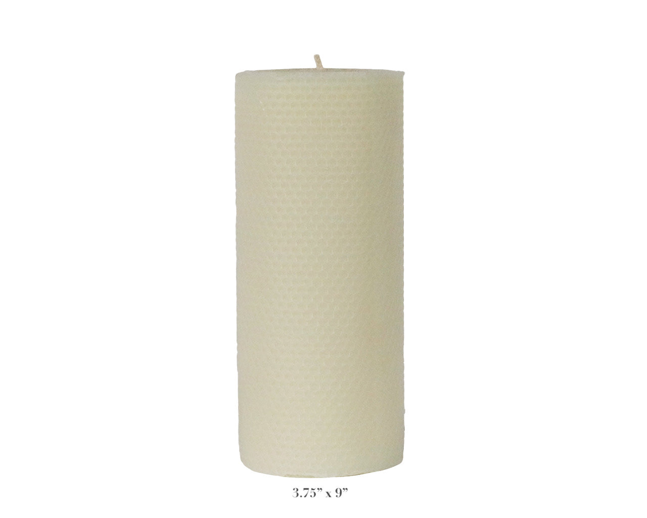 A tall, cylindrical white candle from the Perin Mowen Connoisseur Pillar Candle Collection, featuring a textured surface and visible wick. Ideal as a natural centerpiece. Text below: "3.75'' x 9''".