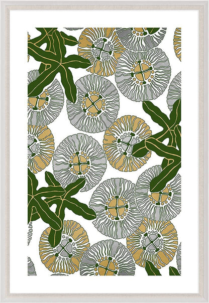 The Kew Collection #1 by Natural Curiosities features overlapping gray and gold circles with bold green leaves on white, presented in an acrylic box frame—ideal for bringing a calming, modern greenhouse feel to your space.