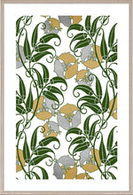 The Kew Collection #2 by Natural Curiosities features green leaves and gold and silver abstract shapes on white, framed in an acrylic box frame for a modern greenhouse feel and soothing natural ambiance.