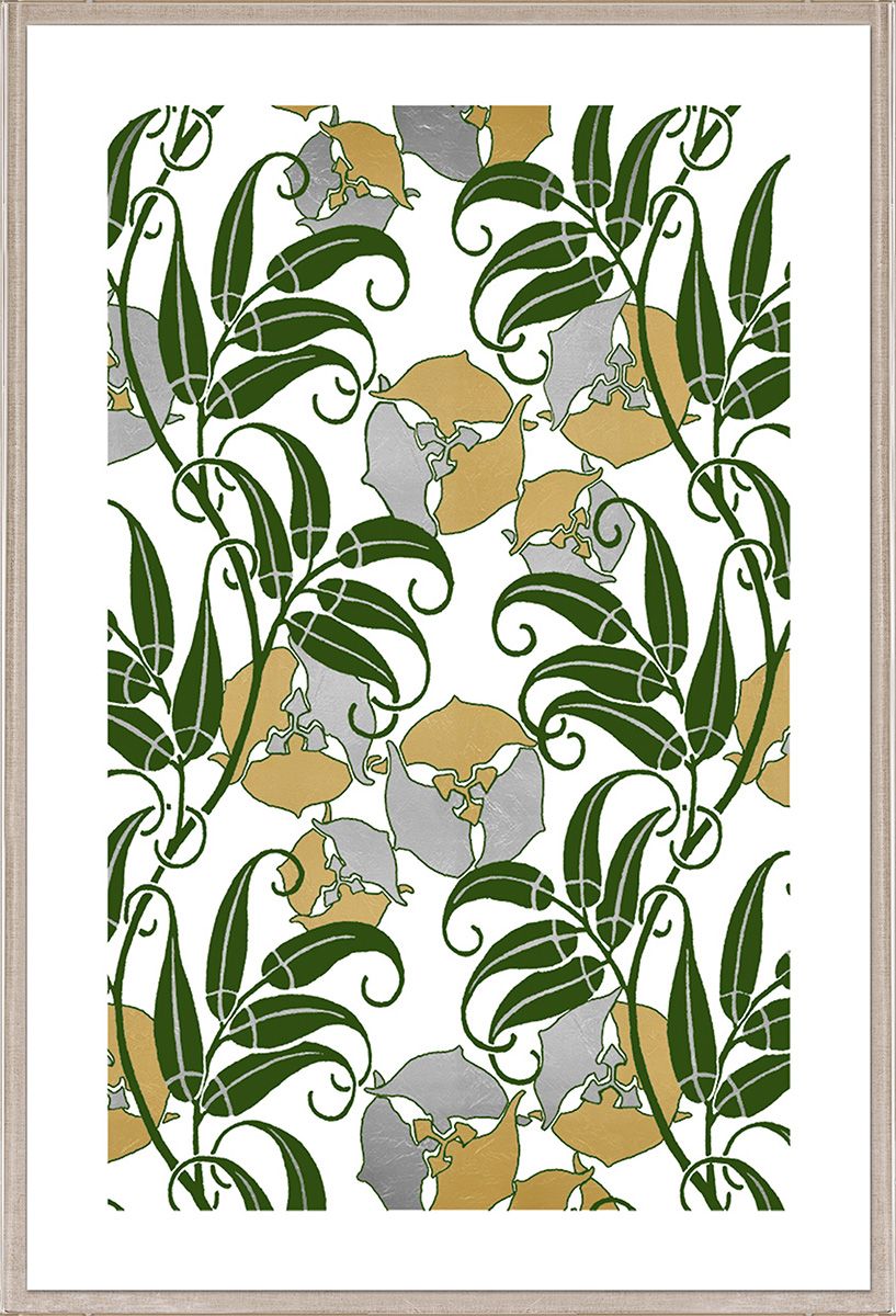 The Kew Collection #2 by Natural Curiosities features green leaves and gold and silver abstract shapes on white, framed in an acrylic box frame for a modern greenhouse feel and soothing natural ambiance.