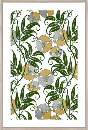 The Kew Collection #2 by Natural Curiosities features green leaves and gold and silver abstract shapes on white, framed in an acrylic box frame for a modern greenhouse feel and soothing natural ambiance.