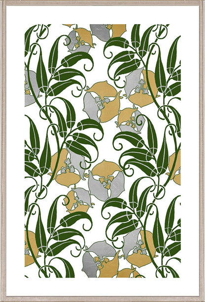 The Kew Collection #2 by Natural Curiosities features green leaves and gold and silver abstract shapes on white, framed in an acrylic box frame for a modern greenhouse feel and soothing natural ambiance.
