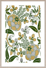 The Kew Collection #3 by Natural Curiosities features a framed botanical print with green, gold, and gray flowers in a repeating pattern on white, set in an acrylic box frame for a calming modern greenhouse vibe.