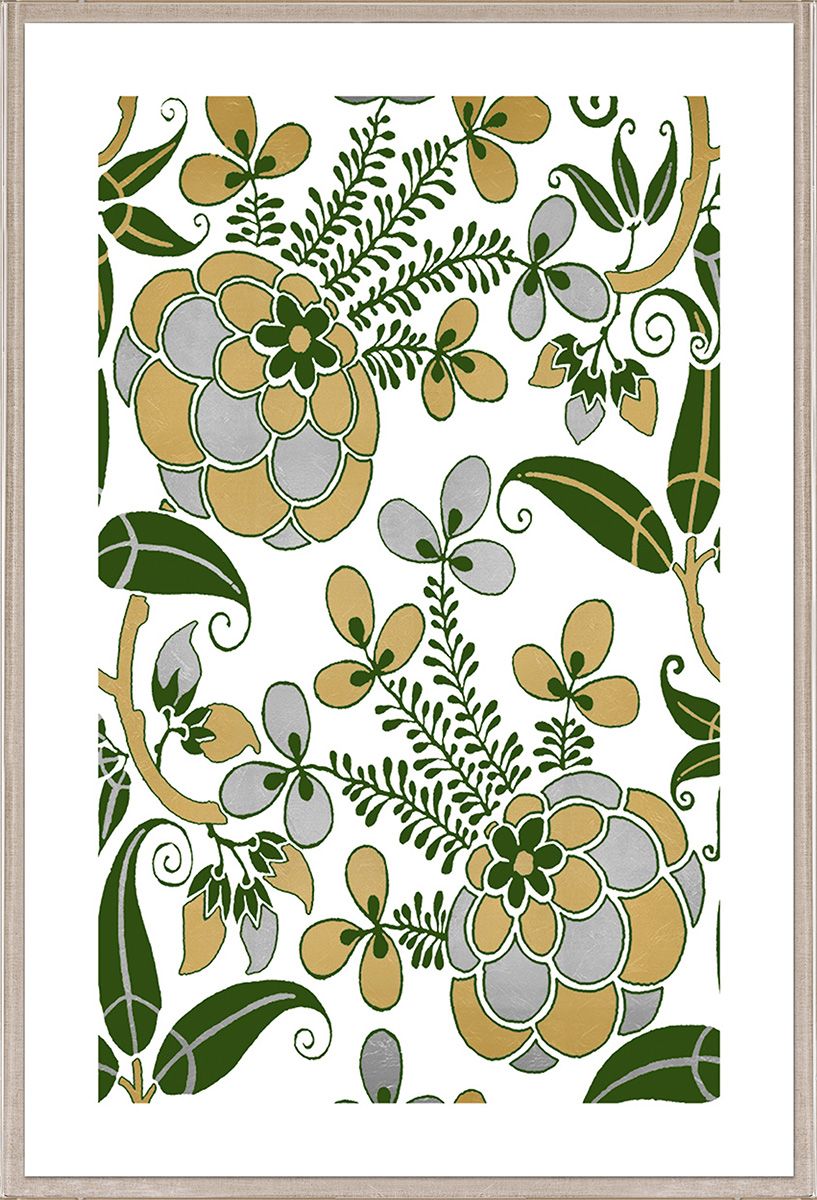 The Kew Collection #3 by Natural Curiosities features a framed botanical print with green, gold, and gray flowers in a repeating pattern on white, set in an acrylic box frame for a calming modern greenhouse vibe.