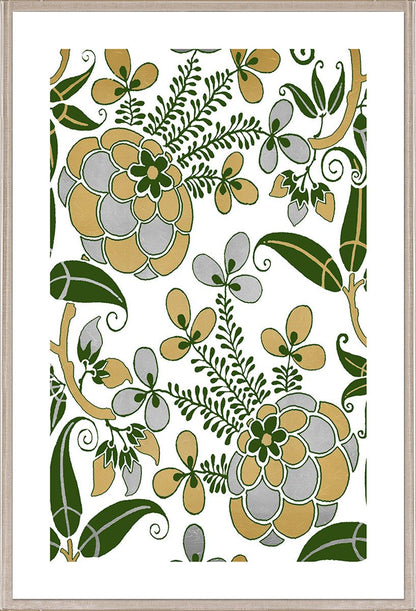 The Kew Collection #3 by Natural Curiosities features a framed botanical print with green, gold, and gray flowers in a repeating pattern on white, set in an acrylic box frame for a calming modern greenhouse vibe.