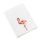 Introducing the Flamingo Coaster & Bath Collection from Haute Home: a white linen cloth or napkin adorned with an embroidered pink flamingo standing on one leg, beautifully centered on a plain backdrop.
