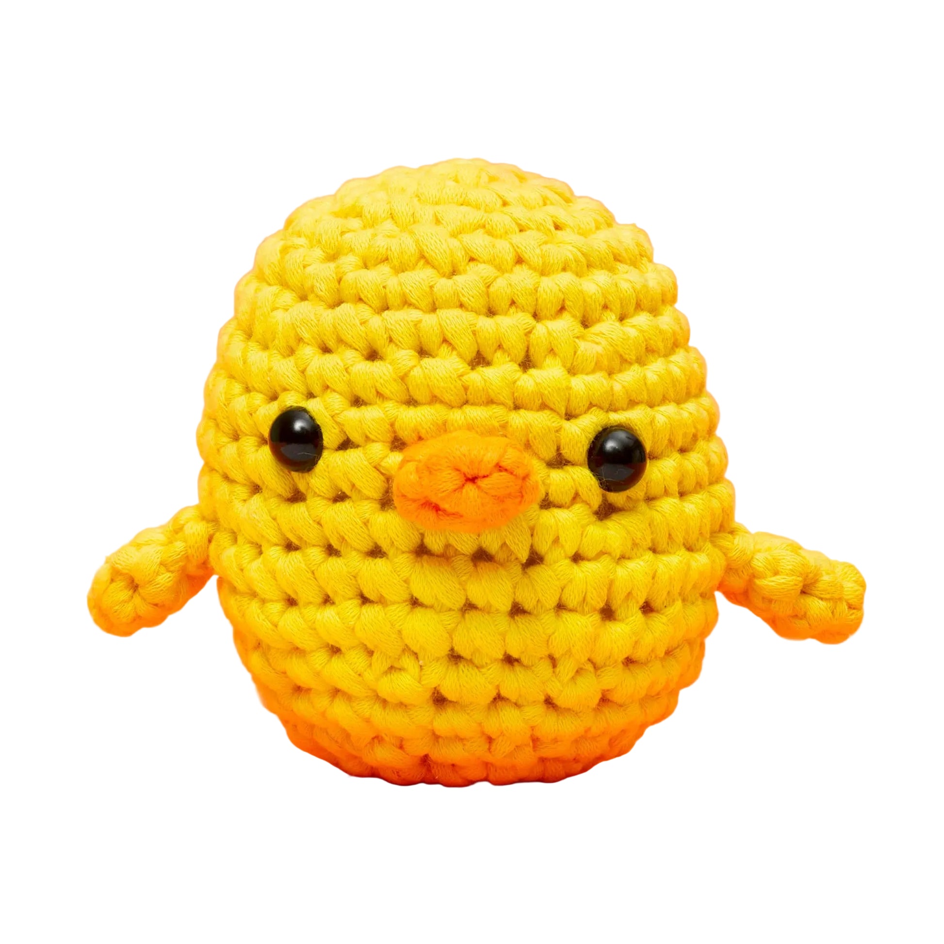 Kiki the Chick Beginner Crochet Kit by The Woobles features a small yellow crochet chick plush with black eyes and a short beak, set against a plain white background—a charming project perfect for beginners.