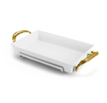 The Michael Aram Palm 3-Quart Casserole Dish features sculpted textures and elegant antique gold-finished handles, shown on a plain white background.