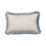 The Klimt Down Lumbar Pillow by Beleo Interiors LLC features a rectangular beige design with blue decorative fringe and small white circle patterns, perfect for lumbar support.