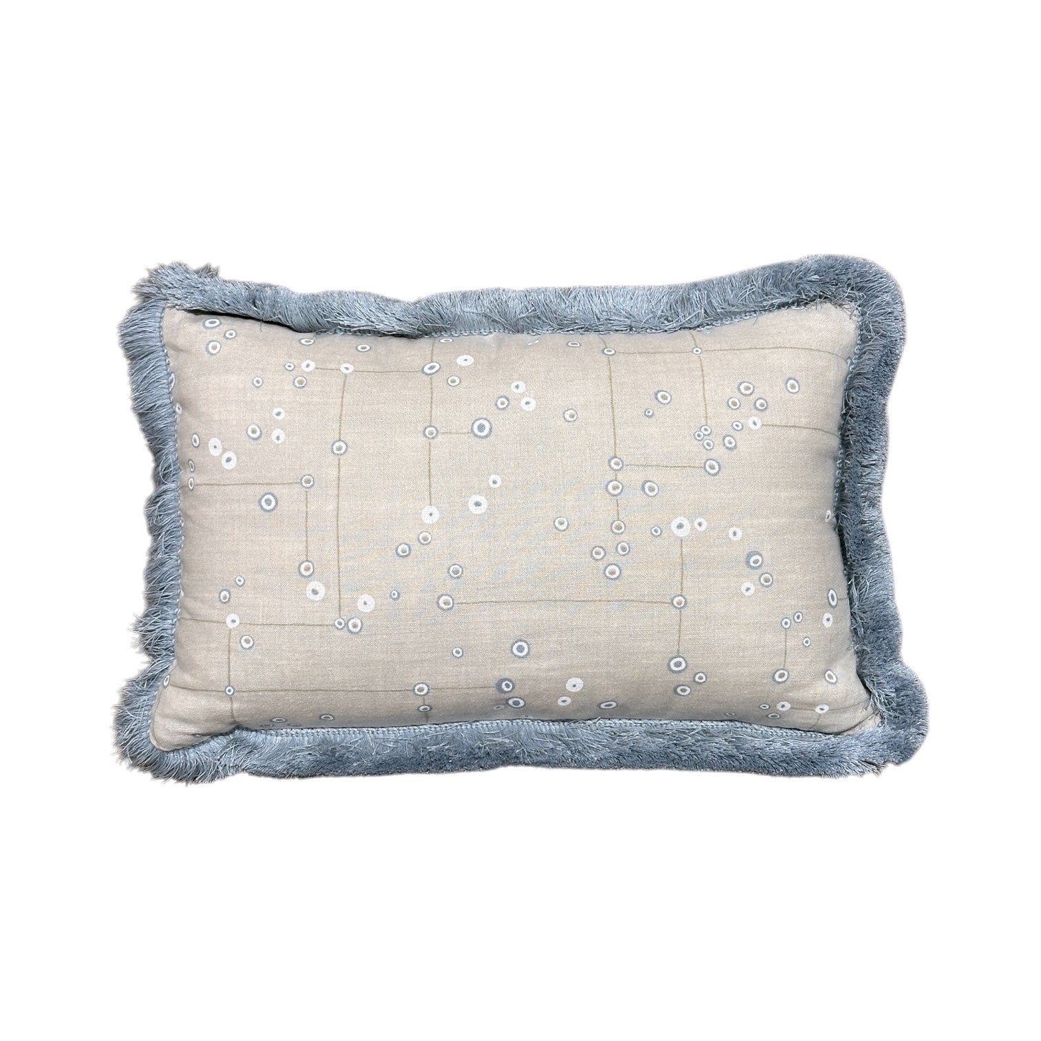 The Klimt Down Lumbar Pillow by Beleo Interiors LLC features a rectangular beige design with blue decorative fringe and small white circle patterns, perfect for lumbar support.