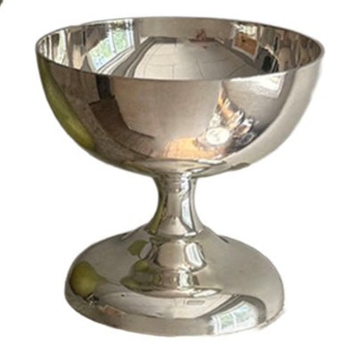 The Hôtel Silver Vintage Footed Sorbet Bowl features a shiny, silver plated chalice style with a wide bowl, narrow stem, and round base, reminiscent of classic dessert bowls and displayed on a white background.