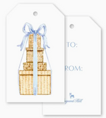 Two Isla Bahia Blue Gift Tags: one with a watercolor illustration of a stack of gifts tied with a blue ribbon, the other with printed “TO:” and “FROM:” lines.