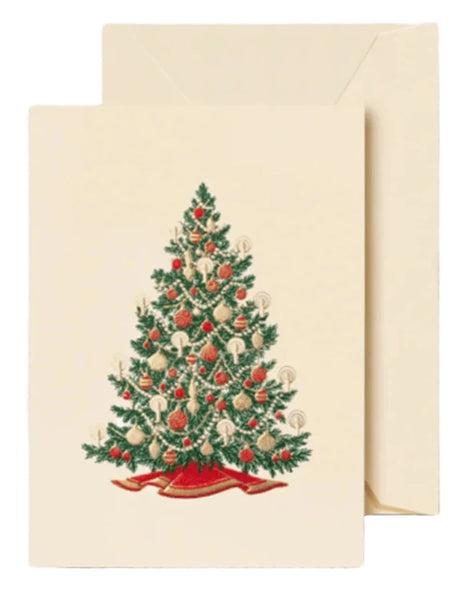 The Crane Christmas Tree Gift Enclosure Set features a folded card graced with an engraved Christmas tree embellished with ornaments and a red ribbon, accompanied by an envelope to complete this charming gift presentation.