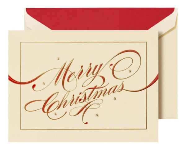 Crane's Ribbon Flourish Merry Christmas Card Set includes a cream-colored card with elegant red lettering that reads "Merry Christmas," featuring an engraved ribbon flourish, and comes with a matching red envelope.