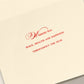 The Ribbon Flourish Merry Christmas Card Set by Crane features cream-colored cards with red engraved text reading, "Wishing you peace, health and happiness throughout the year.
