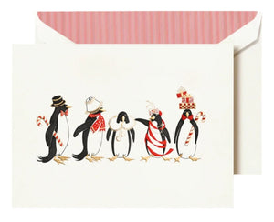 Crane's Holiday Penguins Card Set features five penguins in winter accessories on snowy white cotton paper, with each greeting card paired with an envelope lined in festive red stripes for the season.