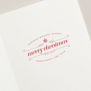Send cheerful holiday wishes with the Festive Flamingo Card Set by Crane, featuring red text—"Warmest holiday wishes, merry Christmas, throughout the year"—and a central snowflake illustration. Perfect for festive greetings!.