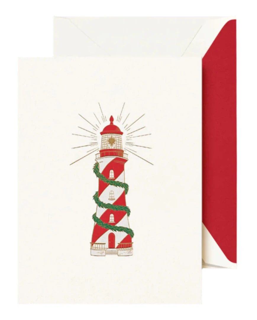 The Crane Candy Cane Lighthouse Card Set features a festive lighthouse design with garlands and comes with a matching red and white envelope—perfect for holiday greetings.