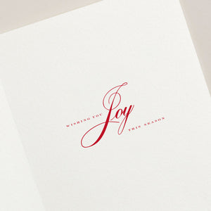 The Crane Christmas Palm Card Set features white cards with "Wishing you Joy this holiday season" in red script and uppercase letters.