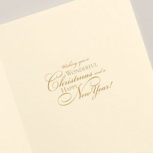 Introducing the Crane Regal Stocking Card Set by Crane: a cream-colored holiday card adorned with elegant gold text that reads, "Wishing you a Wonderful Christmas and a Happy New Year!" This card is perfectly designed for slipping into a stocking.