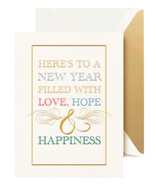 The Crane New Year Wishes Card Set by Crane includes a festive card with an envelope that reads, "Here's to a happy new year filled with love, hope & happiness" in gold, red, blue, and green text.