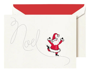 The Skating Noel Holiday Card Set by Crane features a cartoon Santa with "Noel" in script, spreading festive cheer. The set includes cards and red-lined envelopes for a joyful holiday greeting.