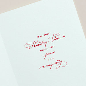 The Trimmed Palm Tree Card Set by Crane features an open holiday card with red script text, "May this Holiday Season bring you peace and tranquility," and adds festive tropical charm.