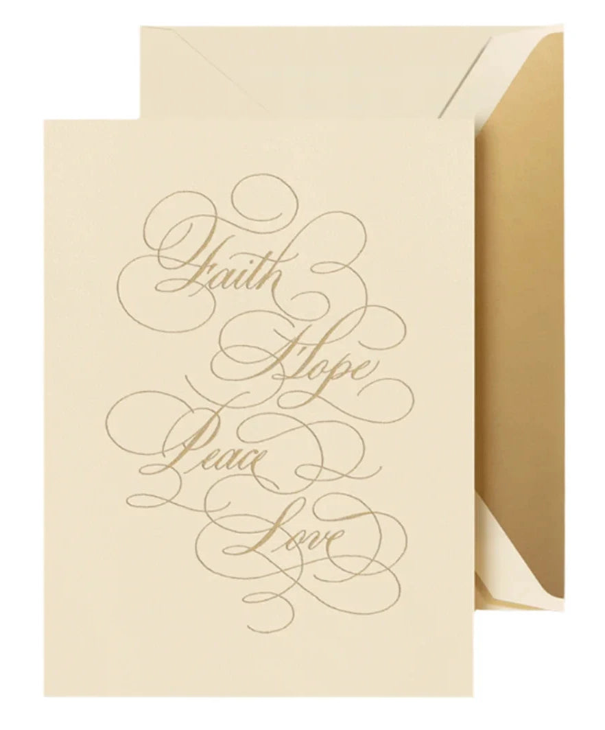 The Crane Faith Hope Peace Love Card Set features cream-colored holiday cards with engraved gold script and comes with matching envelopes.