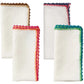 The Kim Seybert Knotted Edge Napkin Set includes four 100% linen napkins, each with a distinct hand-crocheted edging in brown, blue, pink, and green.