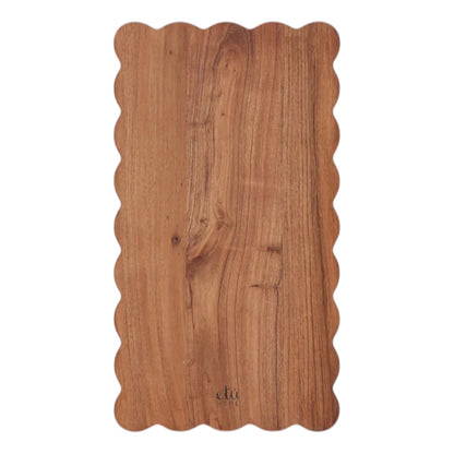 The etúHOME Scalloped Serving Board, Medium Rectangle, features natural Acacia wood grain and scalloped edges, shown on a white background.