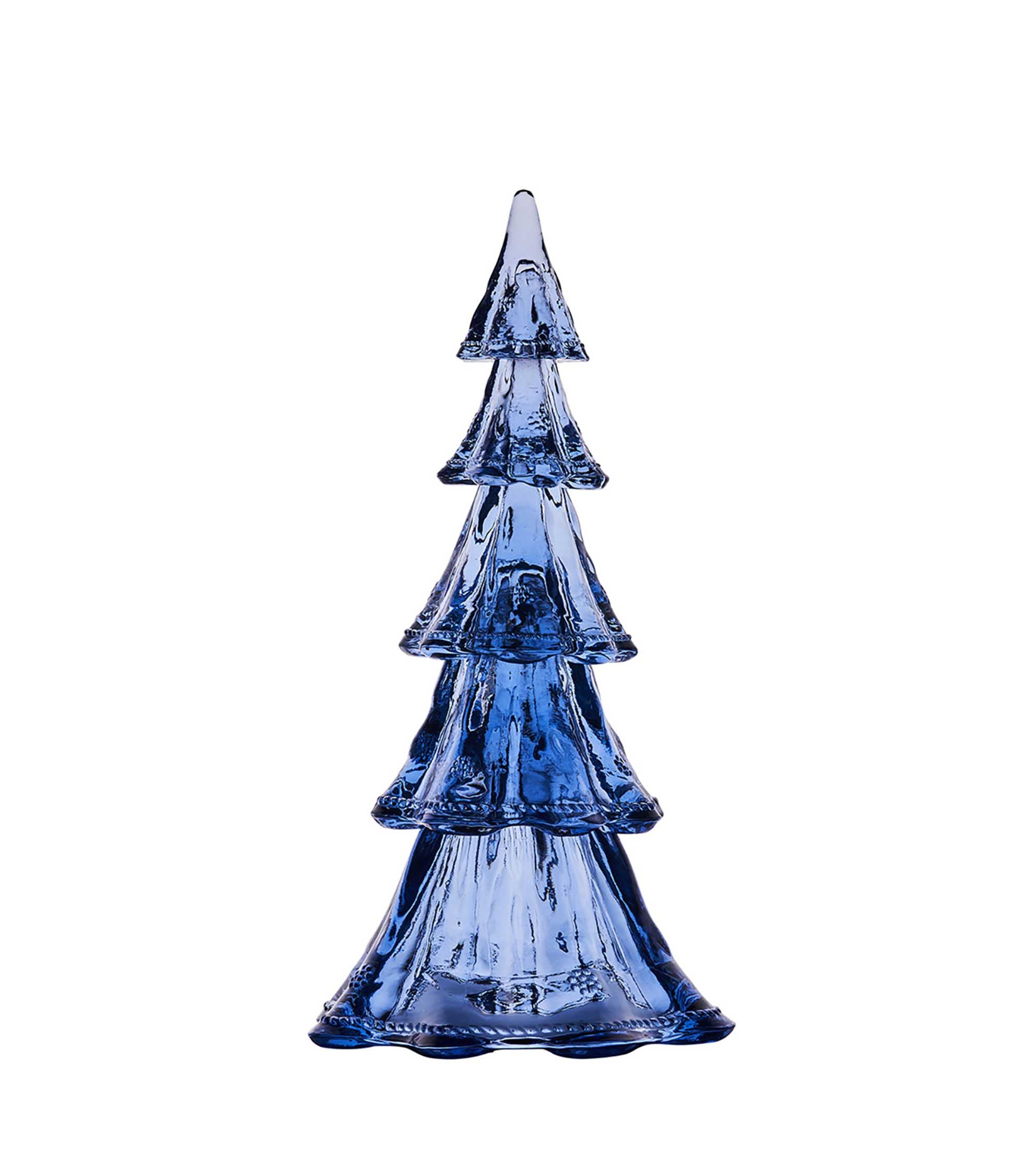 Juliska Berry & Thread Evergreen Tree Collection: Blue glass figurine shaped like a stylized Christmas tree with tiered branches, reminiscent of the signature Berry & Thread design—perfect for adding charm to holiday tables. Isolated on a white background.