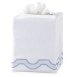 The Matouk Mirasol Tissue Box Cover Blue features white linen with a blue scalloped trim, adding an elegant touch to your space.
