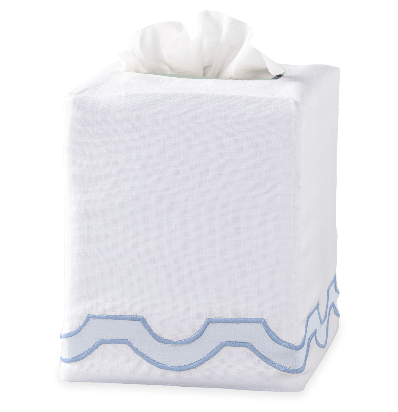 The Matouk Mirasol Tissue Box Cover Blue features white linen with a blue scalloped trim, adding an elegant touch to your space.