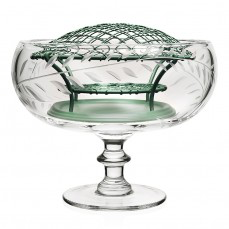 The Jasmine Footed Rose Bowl & Wire by William Yeoward Crystal features hand-engraved details and a green metal bench with a lattice dome, creating an elegant centerpiece perfect for showcasing jasmine vines or delicate flowers.