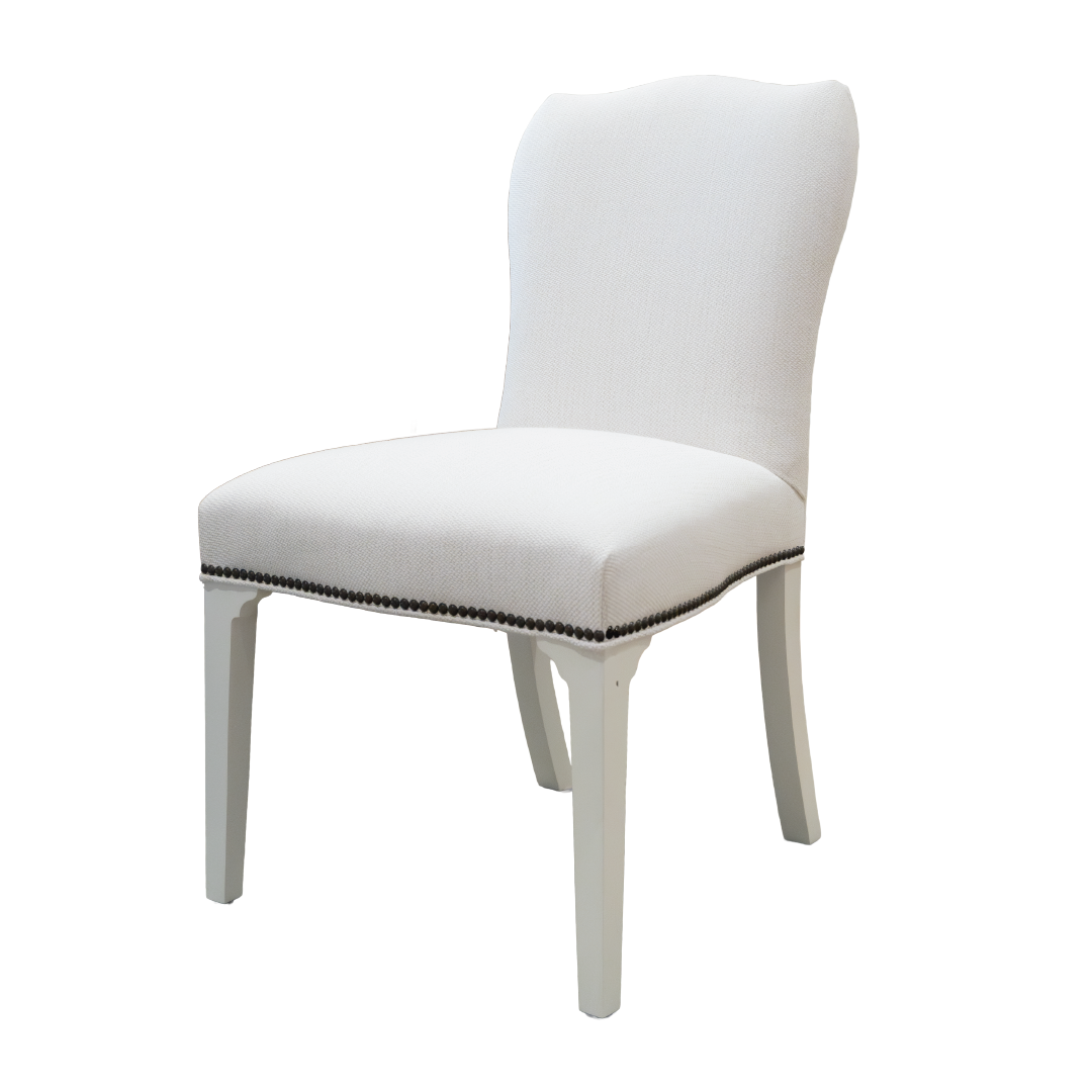 The Cabriole Dining Chair by Hickory Chair features a white upholstered back with a gracefully curved backrest, straight front legs, and decorative nailhead trim along the seat base, echoing the timeless elegance of classic Boston antique chair designs.