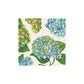 Illustration of blue and green hydrangea flowers with green leaves on a light background, perfect for Hydrangea Collection table decor or adding Hester & Cook elegance to your table setting.