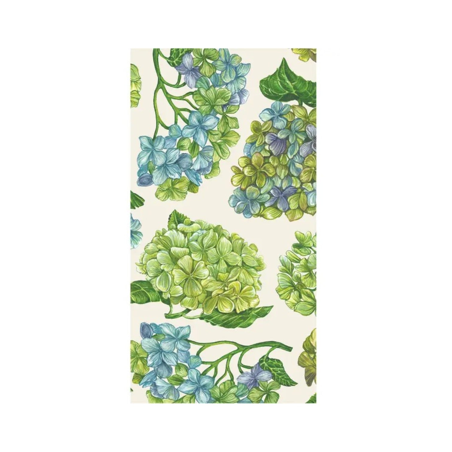 Illustration of green and blue hydrangeas with green leaves on a cream background from the Hydrangea Collection by Hester & Cook—perfect for elegant table settings or hydrangea-themed décor.