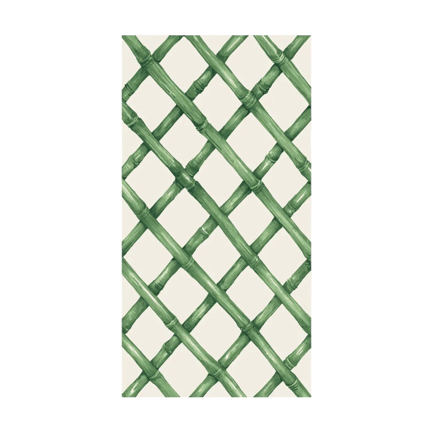The Lattice Napkin Collection by Hester & Cook features green diagonal lines on a cream background, perfect for cocktail napkins or placemats and evoking the charm of a classic trellis.