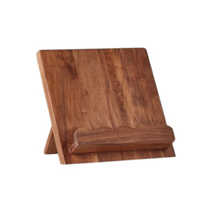 The etúHOME Scalloped Wood Book Stand is a sustainable kitchen accessory with a flat base and angled back, crafted from acacia wood to securely hold your book or tablet upright.