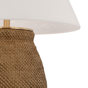 Close-up of the Visual Comfort Avedon Large Table Lamp, showcasing its woven natural rattan base and white shade—an elegant way to bring nature-inspired style to any room.