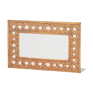 The Hester & Cook Rattan Place Cards feature a brown woven rattan-style border and stand upright on a white background, making them perfect as stylish place cards or buffet labels.