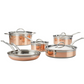 The Hestan CopperBond 10-Piece Set features 5-ply copper cookware—including saucepans, sauté pan, stockpot, and fry pans—all with glass lids and metal handles. Induction compatible for versatile cooking.