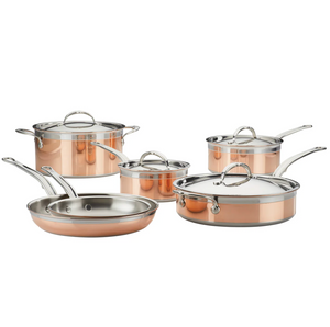 The Hestan CopperBond 10-Piece Set features 5-ply copper cookware—including saucepans, sauté pan, stockpot, and fry pans—all with glass lids and metal handles. Induction compatible for versatile cooking.