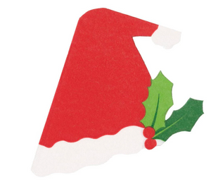 The Caspari Santa Hat Party Napkins feature a festive red hat with white trim and holly berries, crafted with nontoxic dyes for safe, vibrant holiday celebrations.